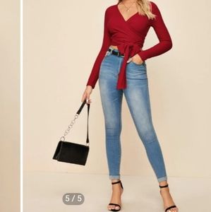 Cropped long sleeved wrap style top pinstripe sz L